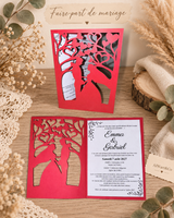Faire-part de mariage Promesse d’Amour en papier rouge, vue fermée et invitation personnalisée ouverte