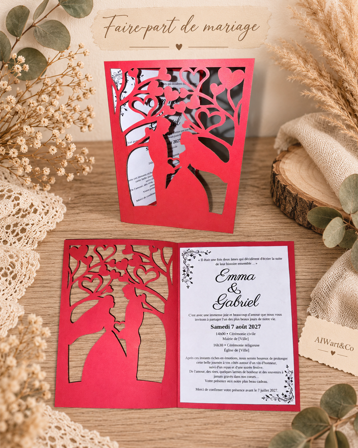 Faire-part de mariage Promesse d’Amour en papier rouge, vue fermée et invitation personnalisée ouverte