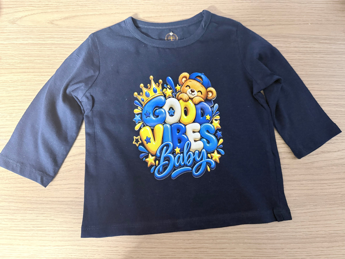 T-shirt bébé bleu navy à manches longues, motif garçon Good Vibes Baby